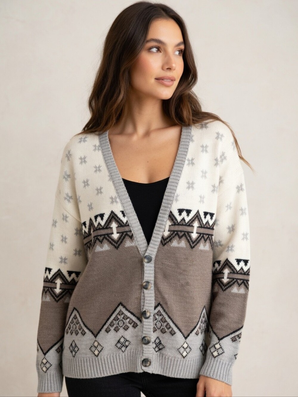 Porto Bello Vintage 80's Tan and Cream Patterned Knit Grandpa Cardigan Sweater L